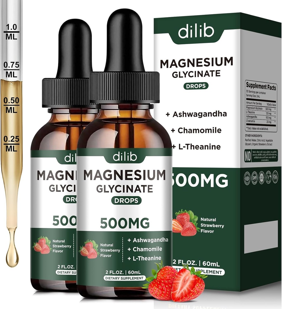 Magnija Glicerīns Šķidrie pilieni Papildinājums, ar magnija Glicerīns 500mg Ashwagandha, L - Teanīns, kumelīšu -Atbalsts Stress Relief, Kaulu, Muskuļu, Mood Strawberry Flavor 2Pack
