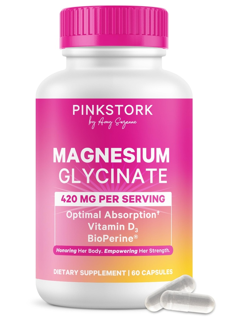 Rozā stārķis Magnijs Glycinate ar vitamīnu D - Magnija papildinājums sievietēm, lai atbalstītu dabas kails, garastāvoklis, un miega - Hormonu balanss sievietēm - 60 kapsulas, 1 mēnesis Piedāvājums