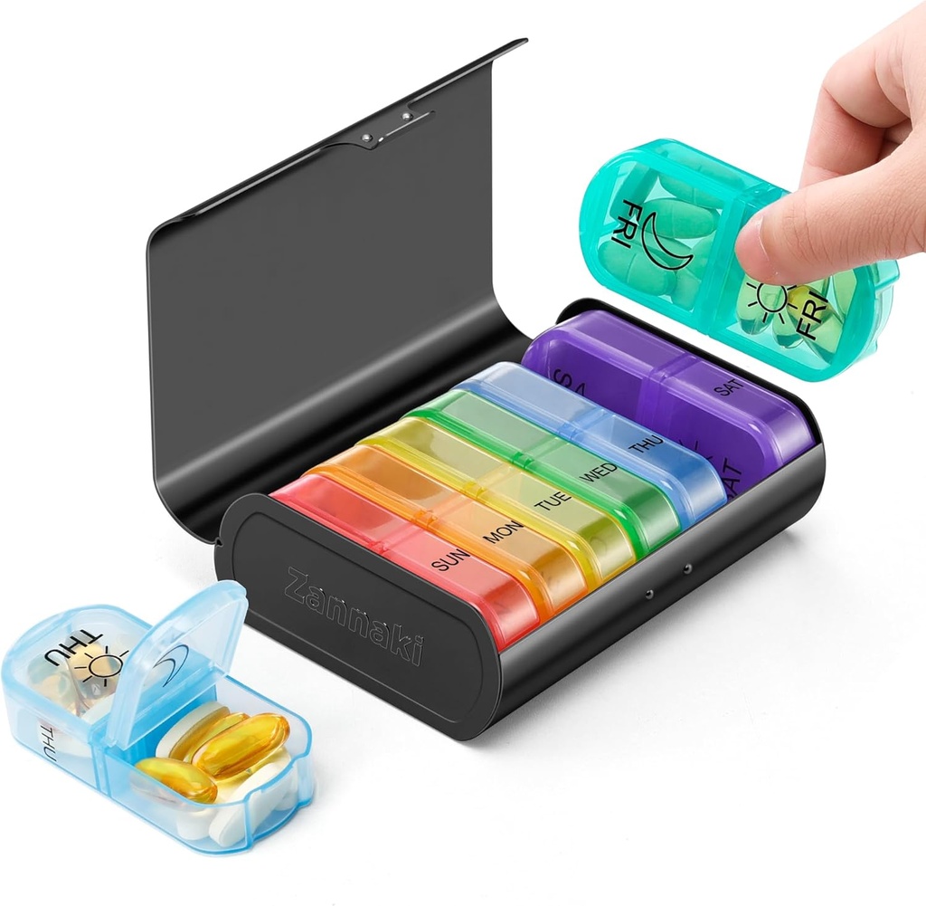 Zannaki Metal XL Weekly Pill organizators 2 reizes dienā, Lieli ceļojumi Daily Pill Box 7 diena, Portable Week Table Pill Holder Container, AM PM Pill Case for Medicine Vitamīnu Medikamentu Papildinājums, Black