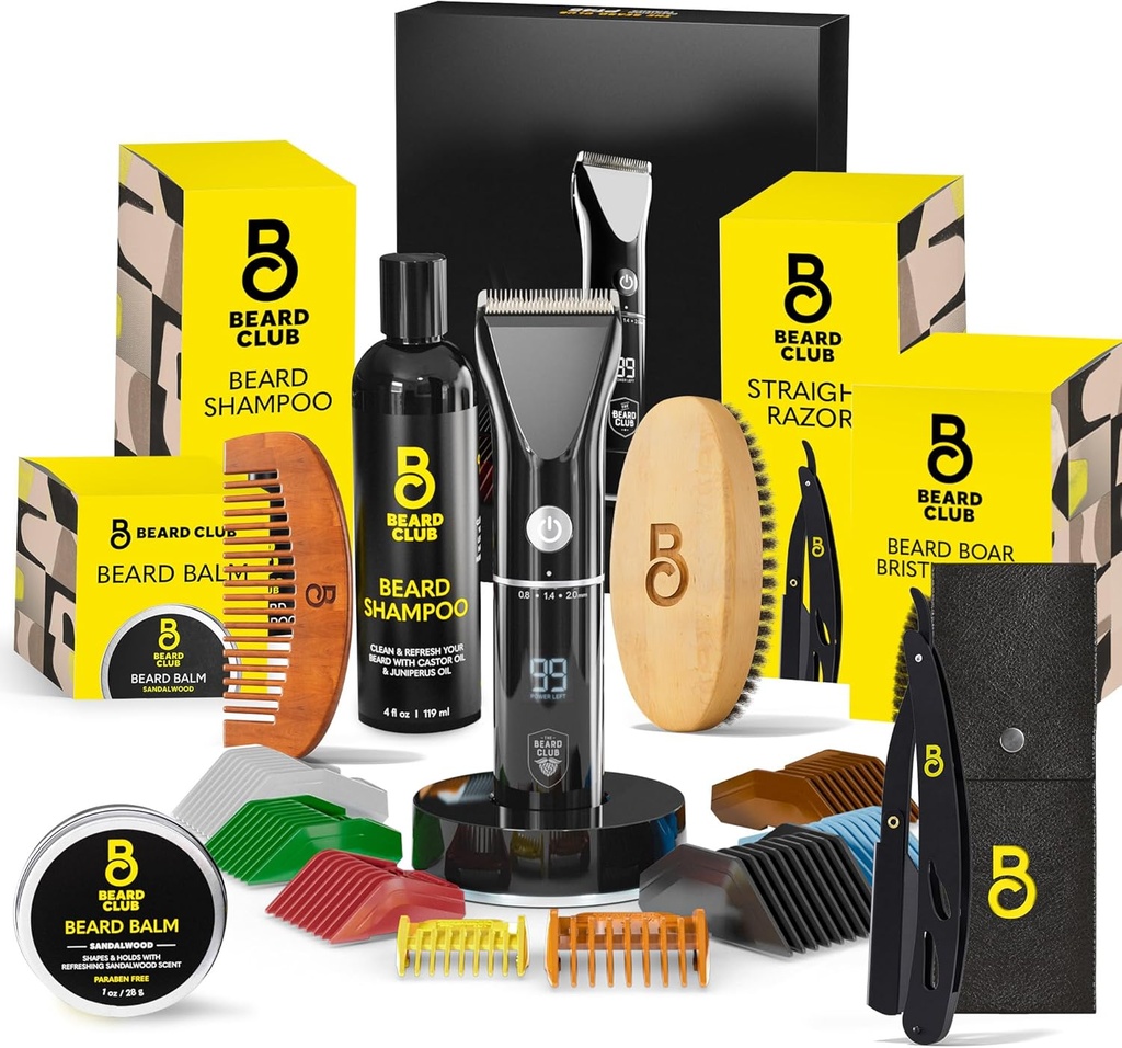 Bārda kluba vīriešu kopšanas komplekts ar profesionālu bezkorda elektrisko uzlādējamo matu un Mustache/Beard Trimmer, taisnā Edge Razor, Shampoo, Balm, Brush & Comb dāvanu komplektu