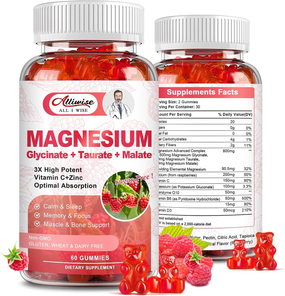 Magnija papildterapija Kompleksie Gumijas, bezcukura magnijs Glicinēt 500mg pieaugušajiem un bērniem, ar Taurate 200mg, Malate, Kalcijs, COQ10, Multivitamīnu miega, sirds un kaulu veselība