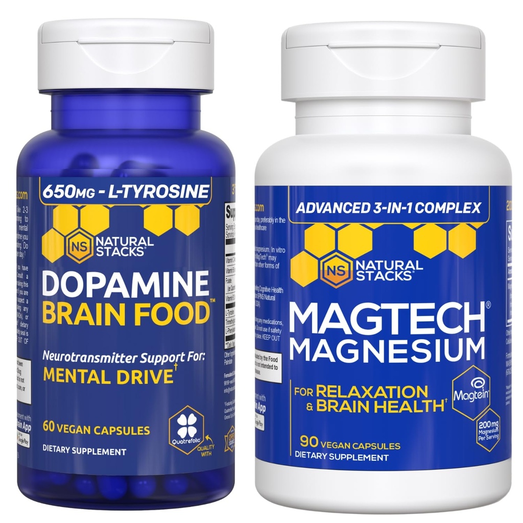 NATURAL STACKS Dopamine Brain Food + Magtech Magnija saišķis - Helāts magnija komplekss - Atbalsta smadzeņu veselību un garīgo disku* - 150 Kopā Kapsulas