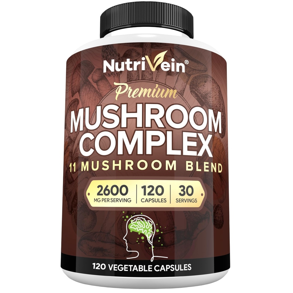 Nutrivein Premium Sēnes Papildinājums 2600 mg- Pudele 120 Kapsulas- 11 Nootropais sēņu komplekss - Lion's Mane, Cordyceps, Chaga, Reishi, Turkey Tail,Maitake,Shiitake, Agaricus, White Button, Oyster