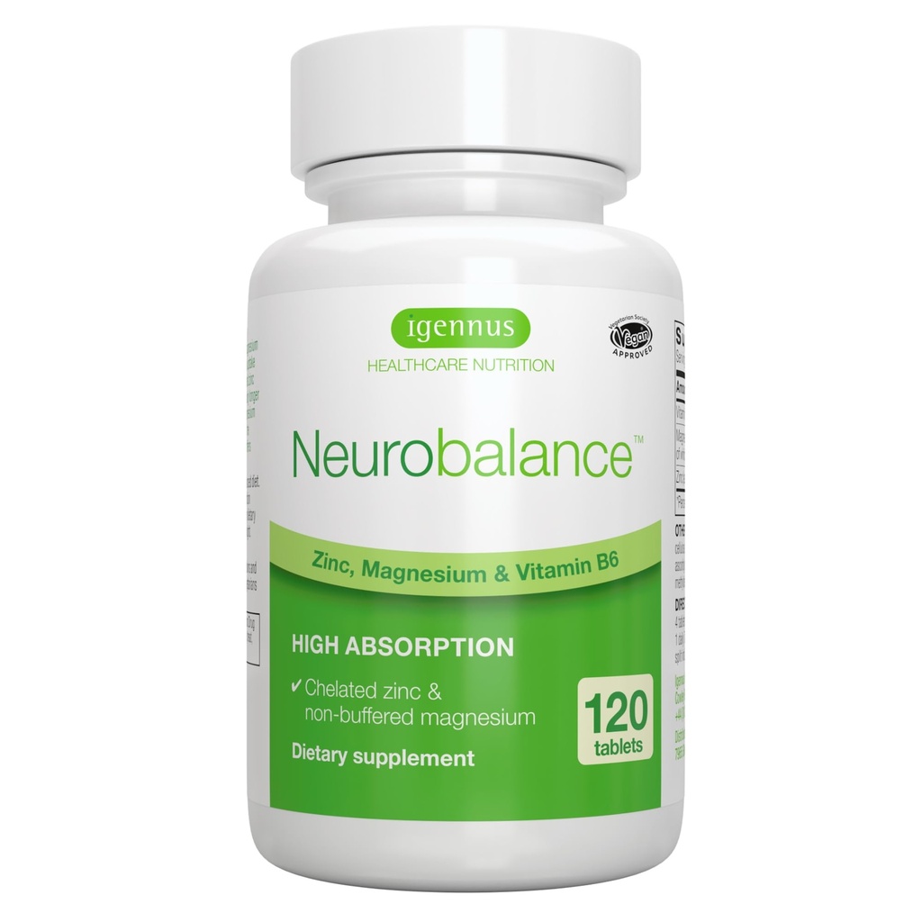 Igennus Neirobalanss Cinka magnijs & B6 komplekss Formulēts kognitīvajam atbalstam, mierīgs fokuss un relaksācija, 120 mazas tabletes, augsts absorbcijas līmenis Čelēts cinks un pilnībā reaktivēts magnijs, vegans, ne-GMO