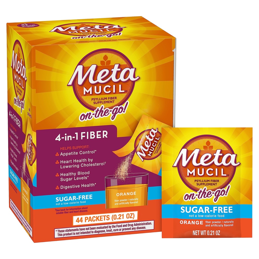 Metamucil On-the-Go paketes, bezcukura, 44 paketes, 4-in-1 Psyllium Husk Fiber papildinājums, Orange Flavored, Individuāls Kalpo lieliski ceļošanai, Fiber papildinājums gremošanas veselību un regularitāte