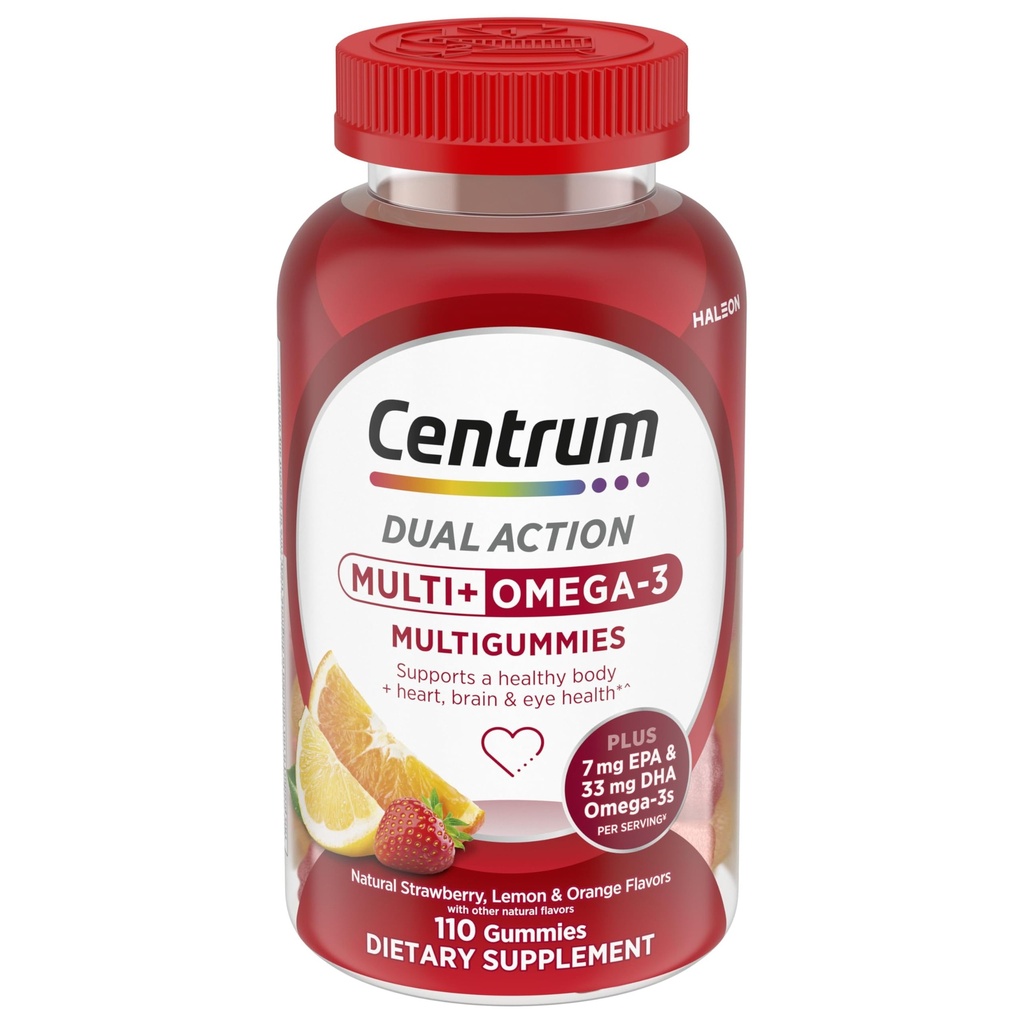 Centrum multiGumies Multi+ Omega 3 divējāda iedarbība, pieauguši multivitamīni, multivitamīni/multiminerāli/Omega 3 papildinājums, zemeņu/kumelīšu/oranžu uzliesmojumi - 110 grādos