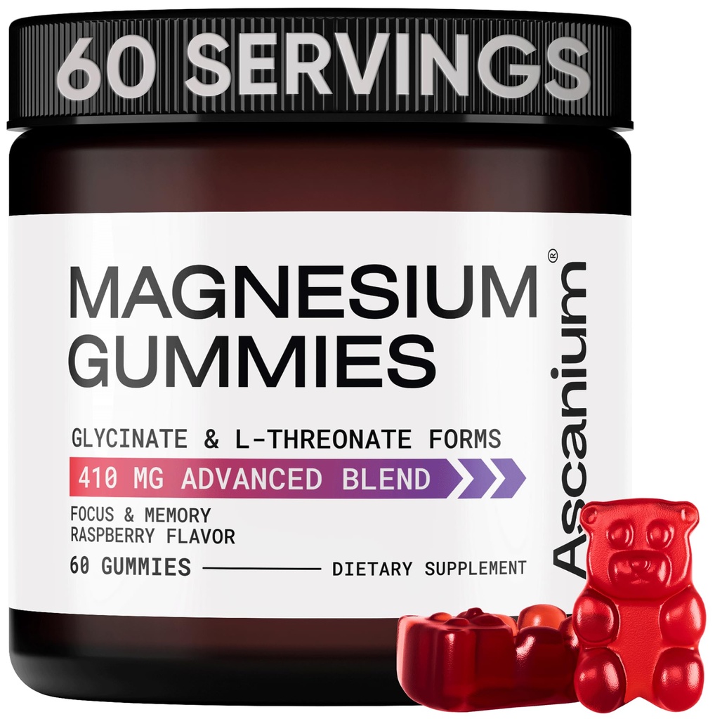 Magnija Gumijas - 410mg Elementālā Magnija Glicerīns & L-Treonate Papildinājums Complex - Vegan Magnija Glicerīns Gumijas Calm Mood, Muskuļu un sirds atbalsts - košļājamā magnija gumijas 60 gab.