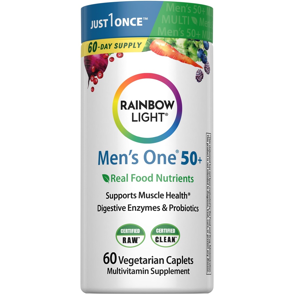 Varavīksnes gaismas multivitamīni vīriešiem 50+, C vitamīns, D & cinks, probiotikas, vīriešu viens 50+ multivitamīni nodrošina augstu potenciālo imunitāti, ne-GMO, veģetārietis, 60 tabletes