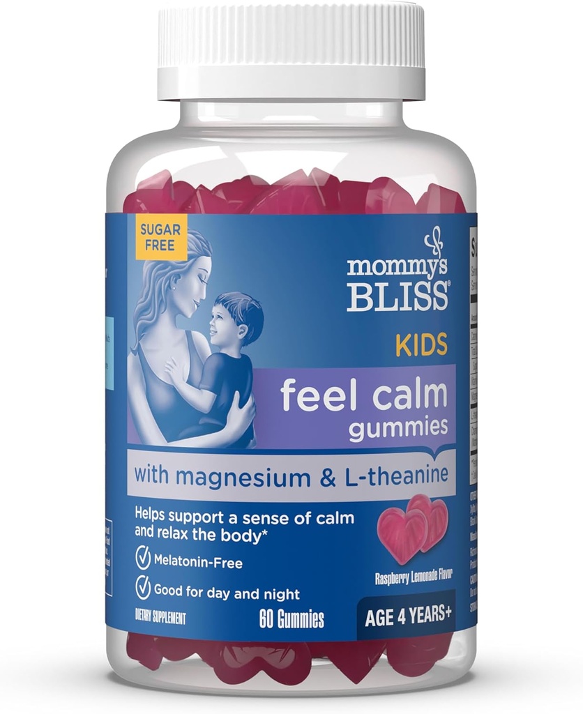 Momm's Bliss Kids Sajūta Calm Gummies, Atbalsts sensora kalm un relax ķermeņa, Izgatavots ar magniju, L-teanīnu, bez cukura Aveņu Lemonāde Flavor, Vecums 4+, 60 Gumijas