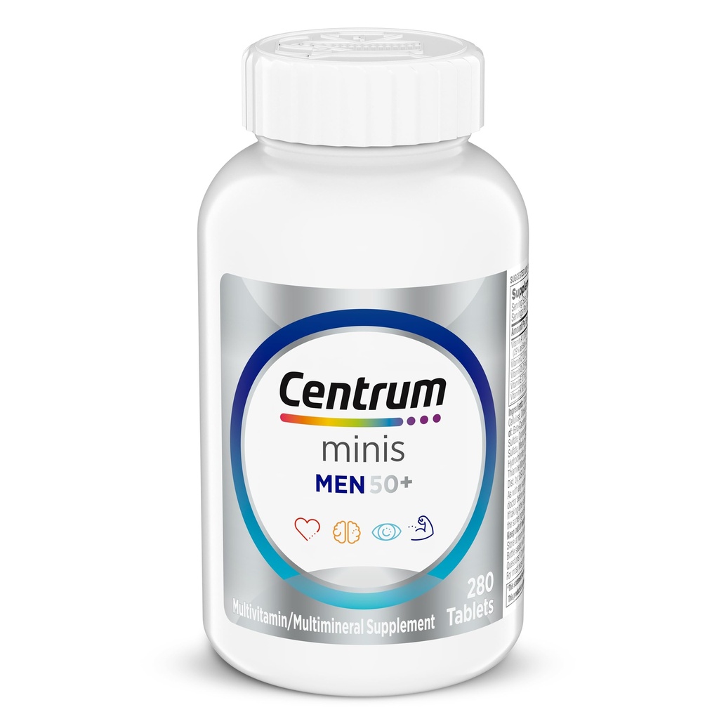 Centrum Minis sudraba multivitamīnus vīriešiem 50 Plus, multivitamīnus/multiminerālus papildinājumus, vitamīnus D3, B-vitamīnus un cinku, ne-ĢMO sastāvdaļas, atbalsta atmiņu un izziņas gados vecākiem pieaugušajiem - 280 Ct