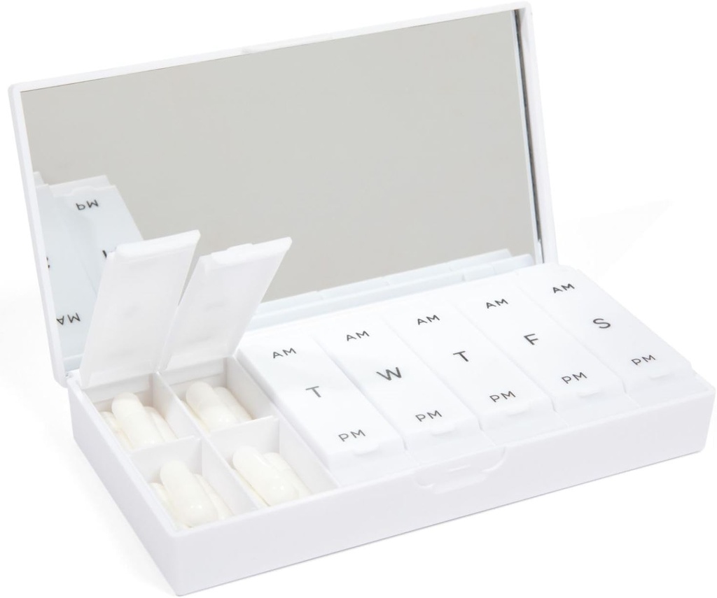 PORT X POLISH dizainers Weekly Pill Box organizators (AM/PM 2X Daily, Crisp White) - Compact, Stylish 7-Day Vitamīnu Papildinājums Case -Cute Portable Mini Travel Medicine Carrier -BPA-free Pillbox Caddy