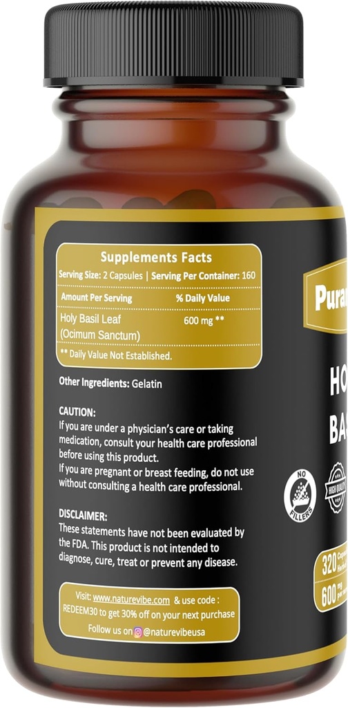 Svētais Baziliks Premium 320 Kapsulas Nav ĢMO un bez lipekļa -- Ārstniecības augu papildinājums - 600 mg Per Servējot -- Izgatavots ar 100% tīru augu Svētās Baziliklapas