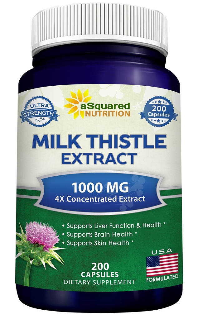 aSquared Nutrition Milk Thattle papildinājums 1000mg-200 Kapsulas, Max Strength 4X Koncentrēts ekstrakts 4:1 Milk Thattle Seed Powder Herb Tabletes, 1000 mg Silymarin Ekstrakts aknu atbalstam, Attīriet, Detox