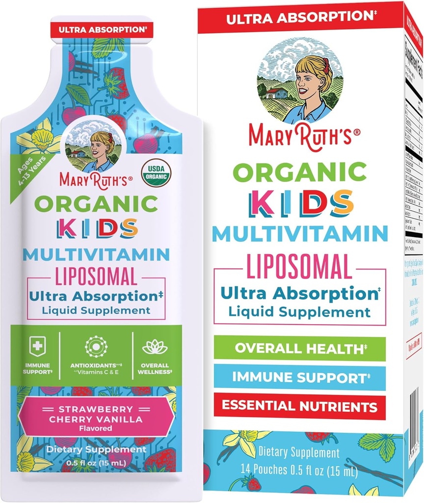 MaryRuth Organics Multivitamīni bērniem, bez cukura, šķidri vitamīni, Imūnsupporta papildinājums, kognitīvā veselība un vispārējā labsajūta, USDA Organic, vegan, Non-GMO, 14 Kalpo