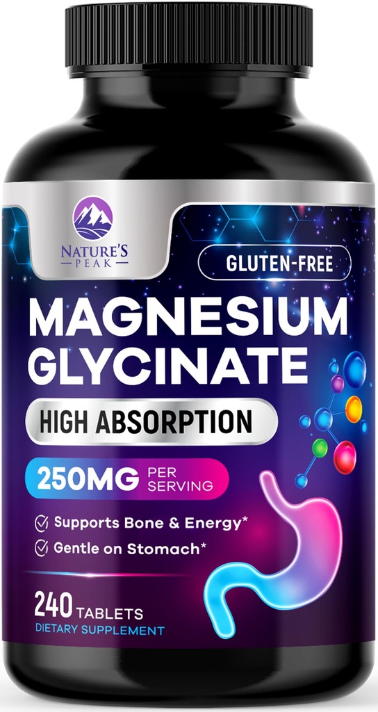 Magnija glicinate Chelated for Max Absorbcija - Atbalsta kaulu, muskuļu, nervu un sirds veselības, dabas miega un stresa atbalsts, Labākais magnija papildinājums tabletes visa ķermeņa atbalstam - 240 tabletes