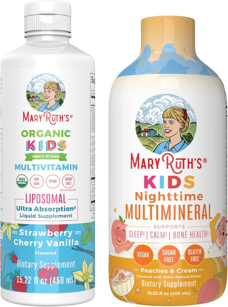 MaryRuth nakts Multiminerāls (Peaches & Cream) un multivitamīns Liposomāls (Strawberry Cherry & Vanilla) bērniem  - Clean Label Project Verified® ) Vegan Vitamīni muskuļu relaksācijai & Kopumā W