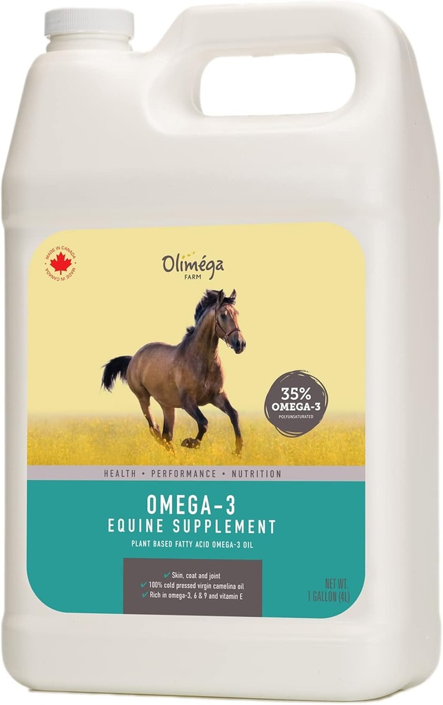 Kamieļa eļļa zirgiem, 1 gallons, ko ražo Olimega Farm , augsts omega 3 un E vitamīna saturs , atbalsts veselām locītavām, apvalkiem un ādai , pure & auksts presēts , locītavu papildinājums , ražots Kanādā , Ne-GMO