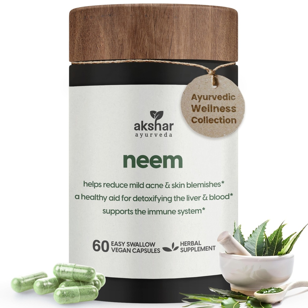 AKSHAR Ayurveda - Neem Kapsulas ar Neem ekstraktu un Neem Leaf pulveri - augu izcelsmes Neem papildinājums, lai atbalstītu dzidru ādas veselību un detoksu - Vegan Cruelty-free Neem Leaf kapsulas (60 Skaits)