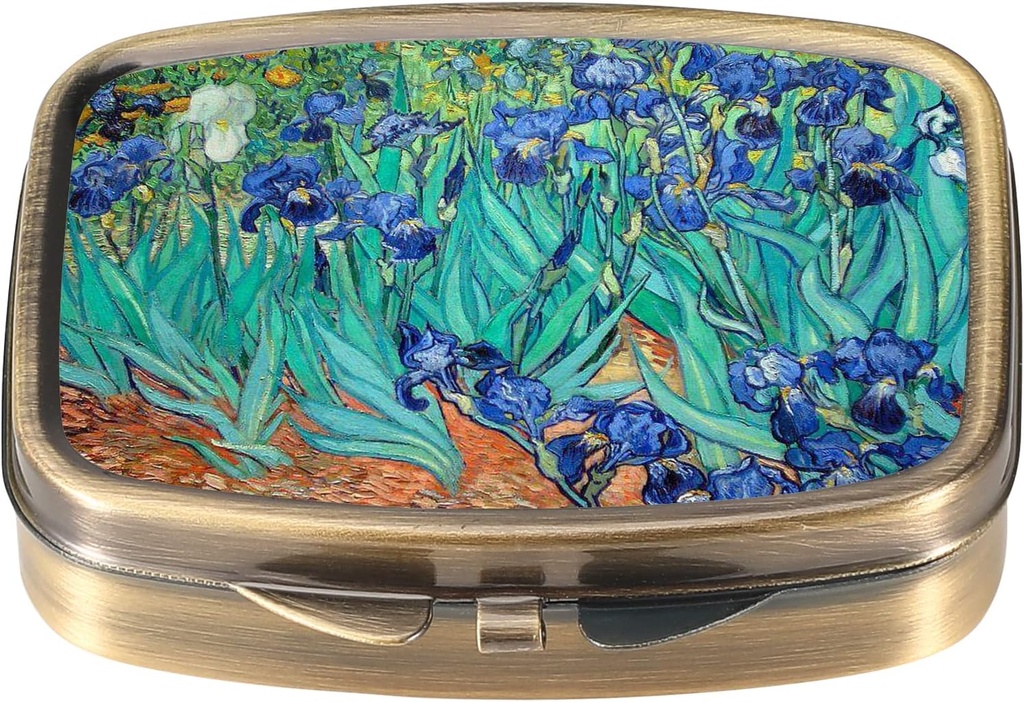 Dynippy Pill Case Pill Box with Mirror Retro Pocket 2 iecirkņa zāles Case Vitamīnu Pill organizētājs kabatas Purse un Travel (A-Van Gogh Irises)