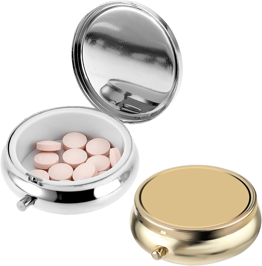 2Pcs Pill Box Small Pill Case for Purse or Pocket, Portable Cute Pill Container Metal Pill Box Dekoratīvā medicīna, Vitamīni, Zivju eļļa un papildinājumi īpašnieks organizators (Silver&Gold)