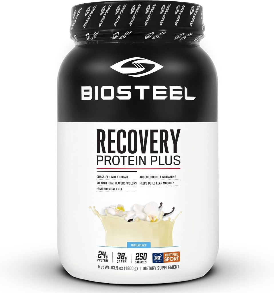 BIOSTEEL Recovery Protein Plus pulvera papildinājums, ar zāli barots un ne-GMO formula, Vanilla, 27 Kalpo