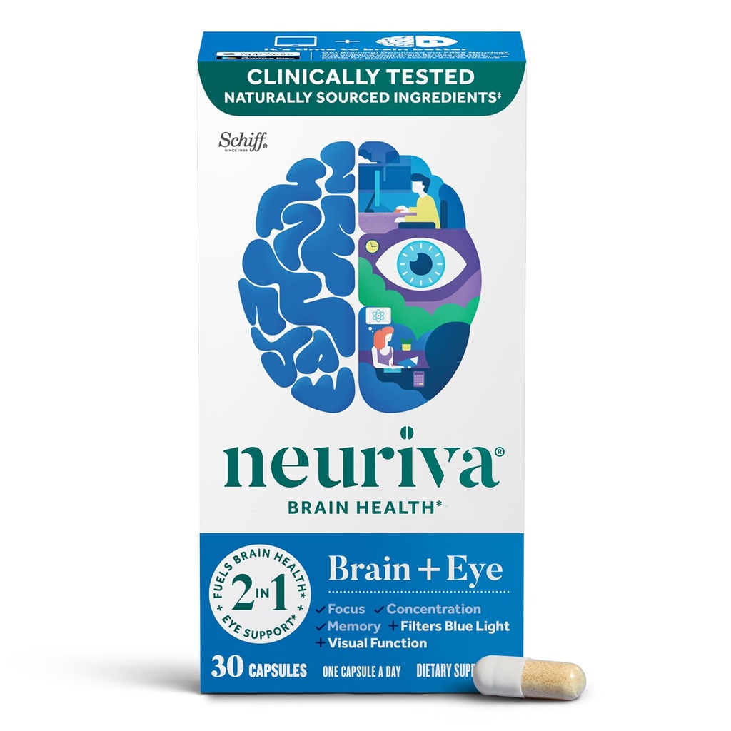 NEURIVA Brain + acu papildinājums atmiņai, fokusam un koncentrācijai ar luteīnu un vitamīniem A C E un cinks acu veselībai un zeaksantīnam, lai filtrētu zilo gaismu, 30ct kapsulas