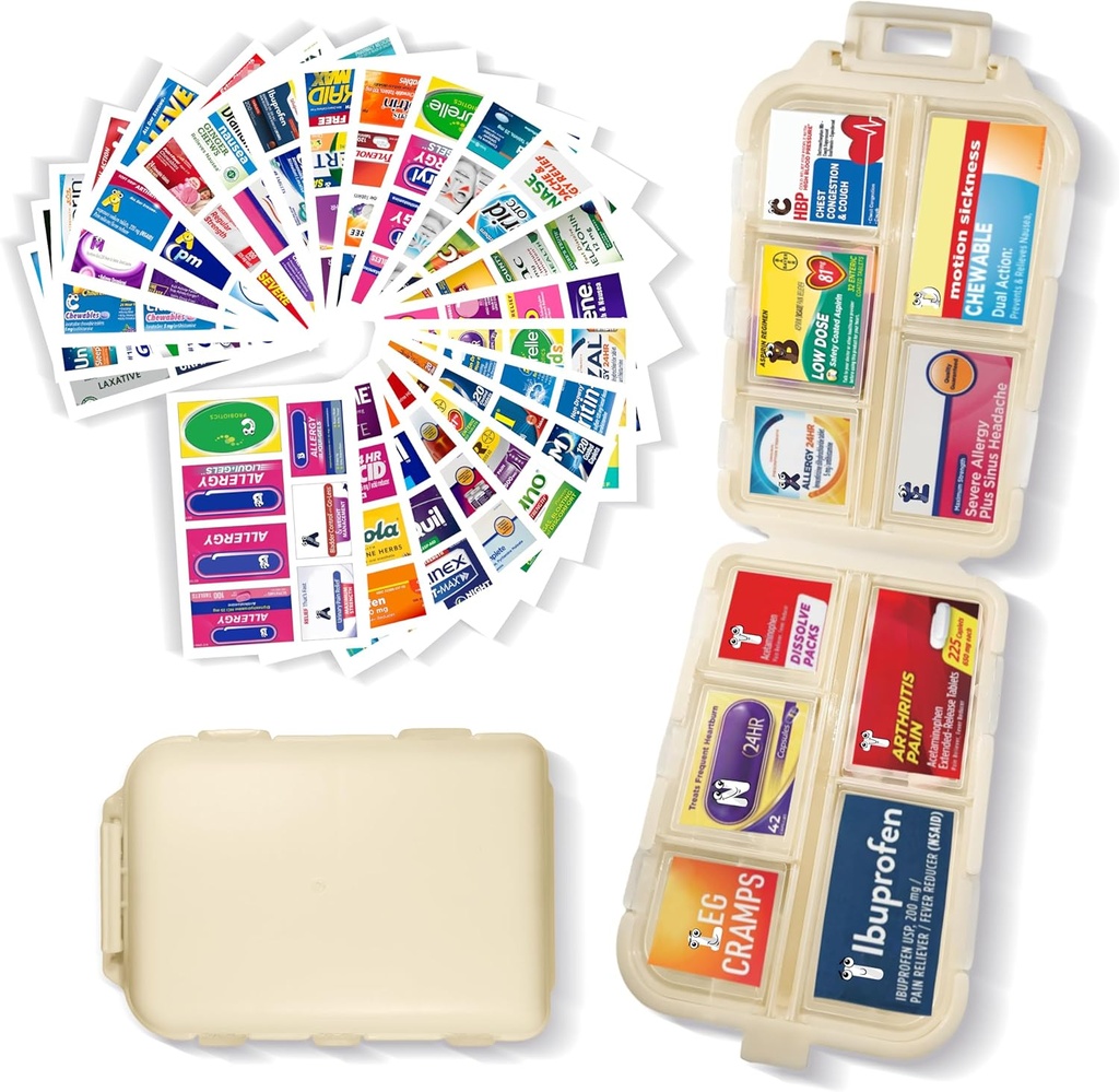 Pill organizētājs ar medicīnu Etiķetes 161 Etiķetes Travel Daily Pill Container Mini Medikamentu Organizators Krātuves Pill Organizators Ceļot Essentials Pill Case 7 Day (Beige, 1 Pack)