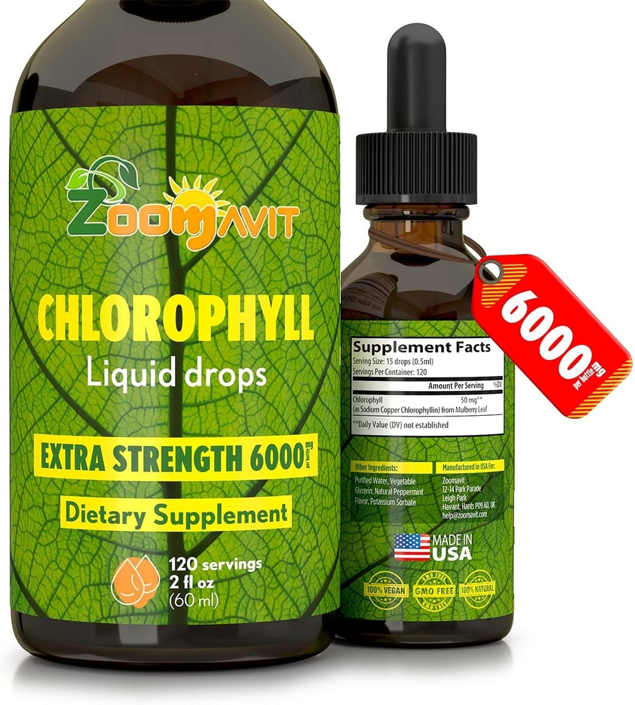 Hlorofila šķidruma pilieni 100% Organic Vegan - Enerģijas un Imūnsistēmas Booster Papildinājums ar piparmētru Uzliesmojošs ūdenim - Dabīgs iekšējais dezodorants - Papildus stiprums 6000mg 120 Servējumi