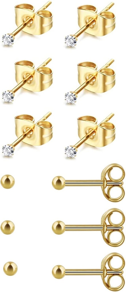6Pāri 2mm/3mm Ķirurģisks tērauda Hipoalerģiska Pīrsinga Studs, 20G 14K Reāls Zelts Pildīts Tiny Stud Auskari Komplekts Vairāku Caurumu Pīrsings (Kubic Circonia, Pearl, Ball)