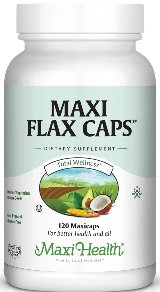 Maxi Flax Caps – Organiskā Linsēklu eļļa, Omega 3, 6, 9 - Aukstā spiede - Bez heksane, 700 mg - Košera, 120 vāciņi
