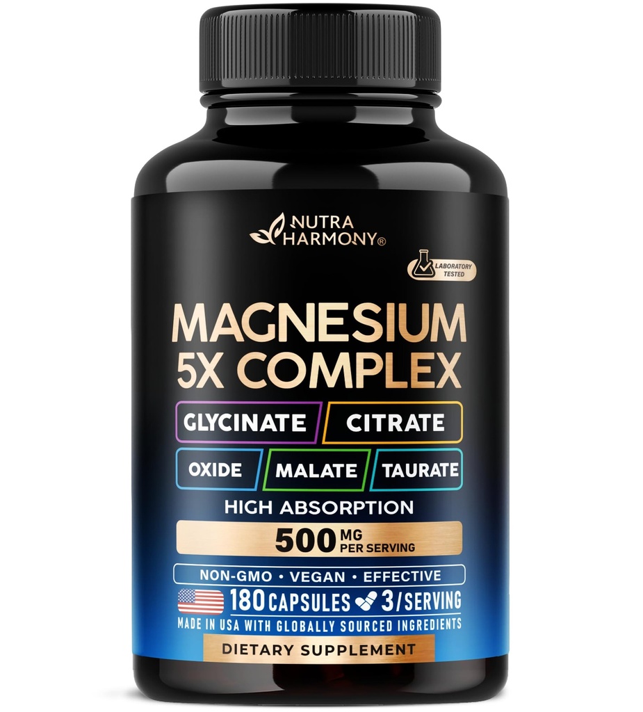 Magnija papildinājums - 5 in 1 Sarežģīts - Glicināts - Citrāts - Malāts - Taurāts - Oksīds - Ražots ASV - Stress, Muskuļu un sirds atbalsts - Vegan, Natural, Non-GMO - 180 kapsulas, 2 mēnešu piegādes