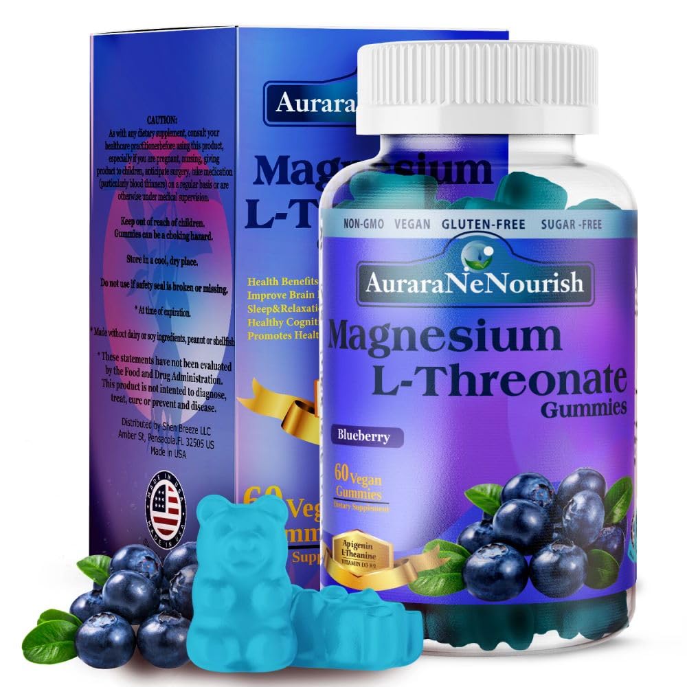 Magnijs L-treonāts Gumijas w. Apigenin L-teanīns, Advanced 11-in-1 Magnija bagātinātāji w. vitamīns D3 K2 B6 miega kognitīvajām smadzenēm un relax, augsta absortācija Magnija gumijas pieaugušajiem un bērniem