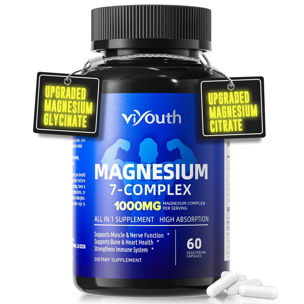 Magnijs 7 Complex Papildinājums Uzlabots ar glicinātu citrāta malāta helātu Taurate Orotate Aspartāts, Kapsulas ar cinku, D3 un B6 vitamīns miegam, Muskuļu atvieglošana, 60 kapsulas