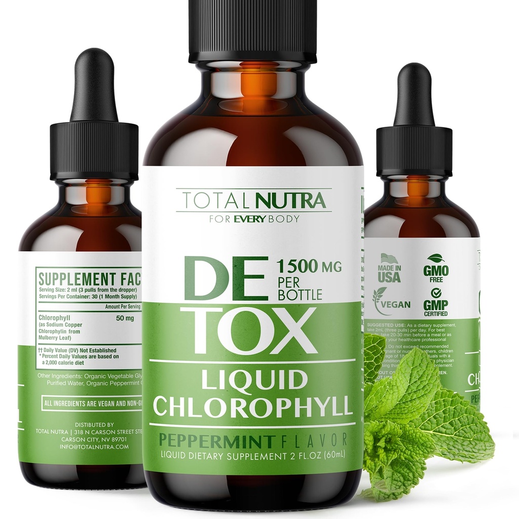 Liquid Chlorophyll pilieni 50mg: Vegan Chlorophyll šķidruma pilieni dabas enerģijas Boost, Imūnsupport, Body Detox ādas kopšanai, Iekšējais dezodorants ; piparmētru Flavor, ne-GMO, bez lipekļa Pavisam Nutra 2oz