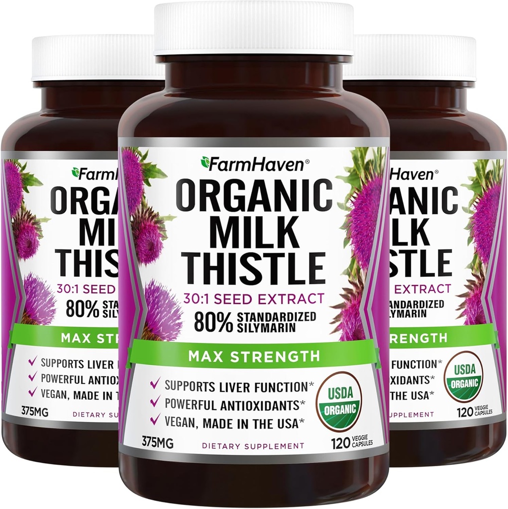 FarmHaven USDA Organiskā piena daiviņas kapsulas  - 30X Koncentrēts sēklu ekstrakts & 80% Silymarin Standartizēts - atbalsta aknu funkcijas un vispārējo veselību -- Non-GMO -- 360 Vegan kapsulas