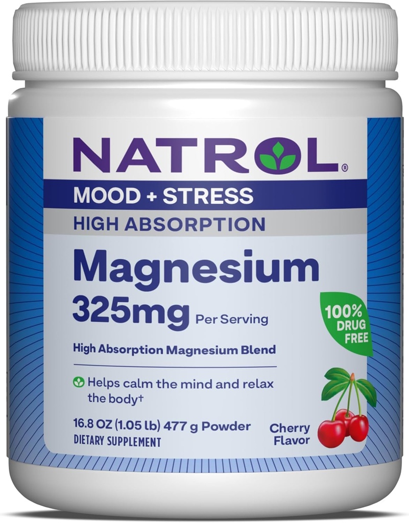 Natrol Magnijs 325 mg, Augsta Absorbcija Magnija Glicerīns un Karbonāts Blend, lai palīdzētu nomierināt prātu un atslābināt ķermeni, 16,8 OZ ķiršu apstrādāts pulveris, līdz 90 dienu piegādes