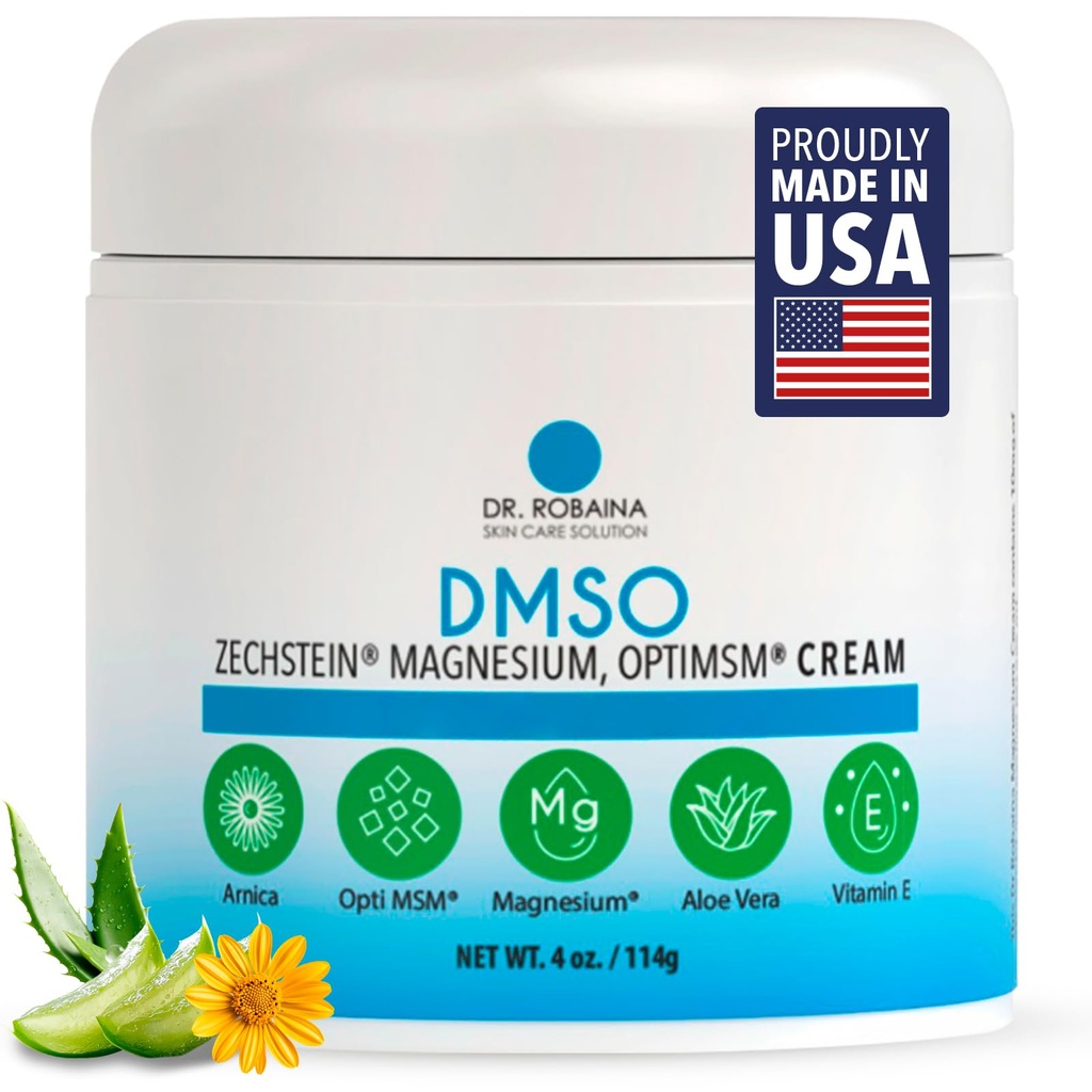 Dr. Robaina DMSO Cream - 99,9% Pure Farmaceitiskā pakāpe    -- Ādas Relief formula ar Žečšteinu Magnijs, Arnika, Aloe Vera, E vitamīns -- Muskuļu un locītavu komforts - 4 oz -- Ražots ASV