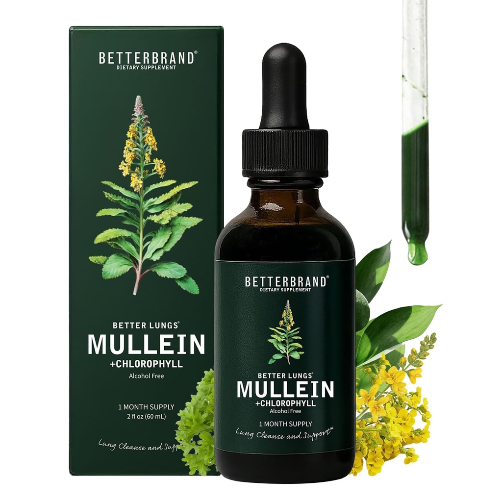 Labāks zīmols Mullein pilieni Lung Detox - Mullein Leaf Tincture ar hlorofilu - palīdz atbalstīt Respiratoro veselību, bez alkohola, 1 mēneša piegādes - 60ml
