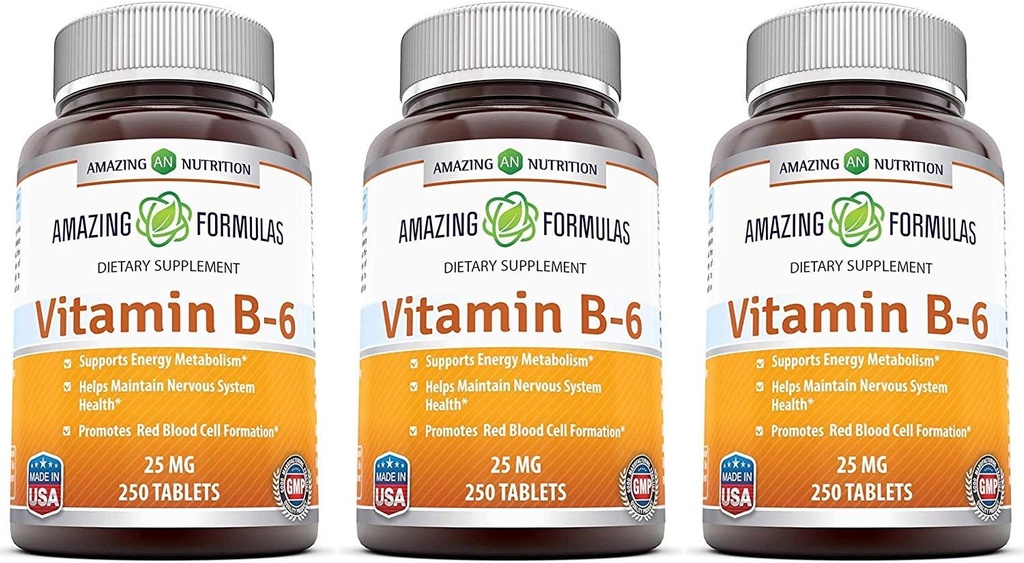 Apbrīnojamas formulas B6 vitamīns Pyridoxine 25mg 250 tabletes Papildinājums -- Non-GMO ---Luten bezmaksas - Ražots ASV (3 Iepakojums)