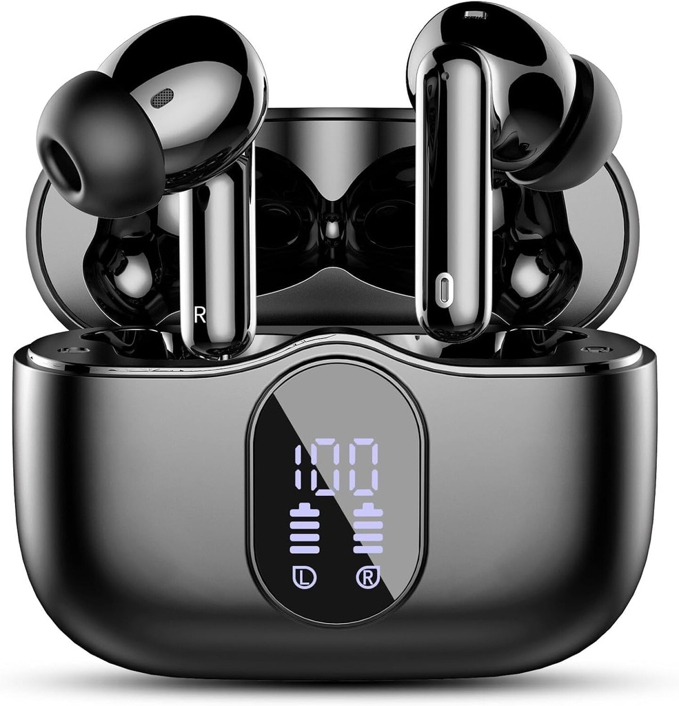 Bezvadu earbuds, Bluetooth 5.4 Austiņas Bass Stereo, Ausu Buds ar trokšņa slāpēšanu Mic LED displejs, IP7 Ausu austiņu ūdensizturīgs, 36H Atskaņošanas laiks klēpjdatoru telefoniem Sports Workout, Black