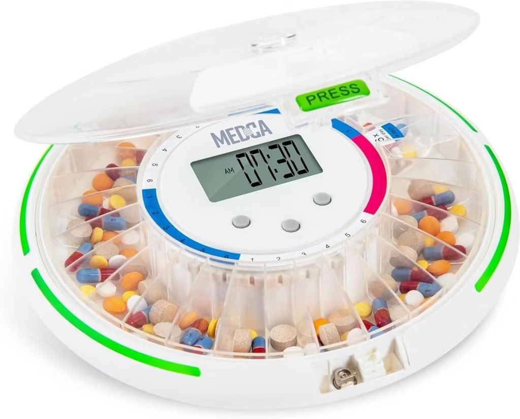 Automātiskais Pill displejs ar 28 dienu elektronisko medikamentu organizatoru - slēdzams atslēgu paliktnis ar LCD displeju, gaismas un skaņas atgādinājuma signālu plānotām zālēm senioriem un vecāka gadagājuma cilvēkiem