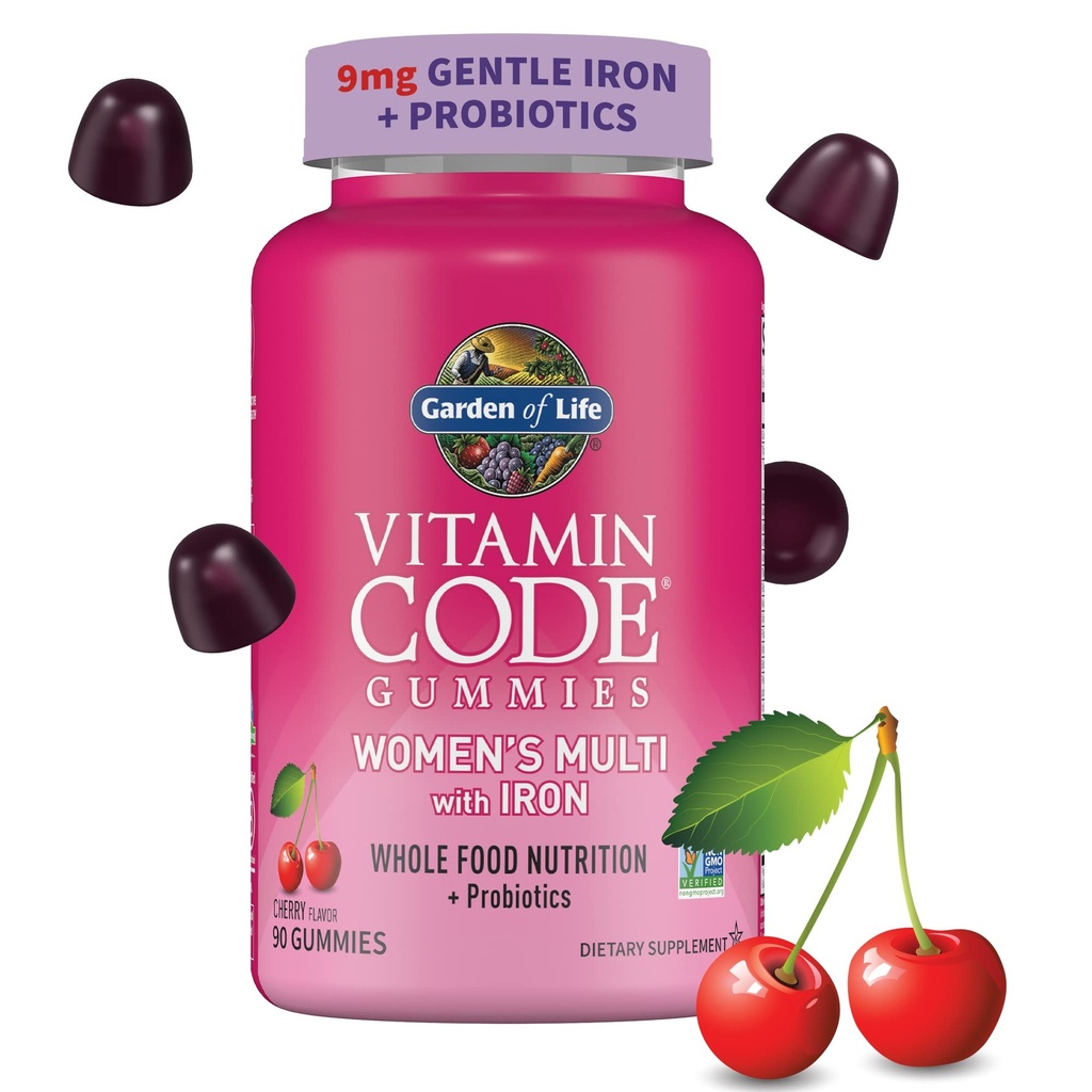 Dārzs Life Vitamīnu kods Sieviešu multivitamīnu Gummy ar dzelzi: Folāts, Biotīns, D3 & B12 matiem, āda un nagus + probiotikas imūnās veselības un gremošanas, Non-GMO, Gluten-free, 90 Ķiršu Gumijas