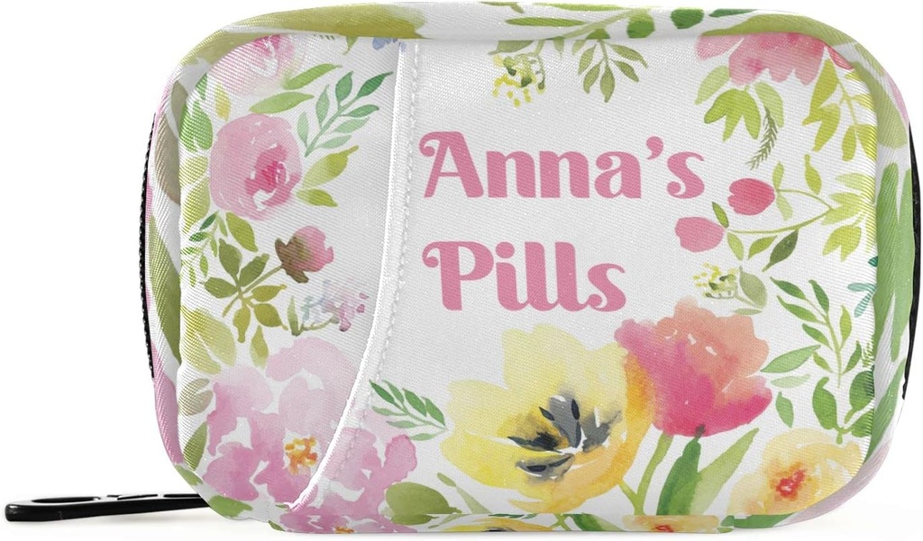 Custom Pill Box 7 Day Pill Case Bag Ūdenscolor Floral Personalizēts vārds Travel Pill Organizators Bag ar zipper Portatīvais Weekly Case Compact Izmērs Vitamīnu piedevas turētājs