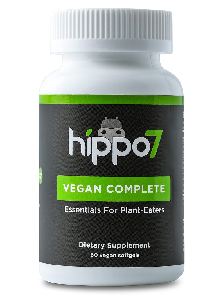 Hippo7 Vegan Complete Multivitamīnu vitamīns B12, vitamīns D, Omega-3 DHA+EPA, kalcijs, jods, cinks un dzelzs (1 pudele, 60 softgeli)