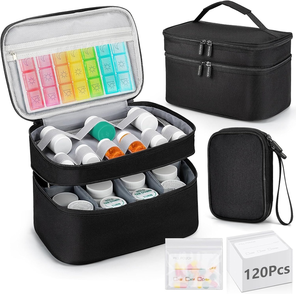 Medicīna Organizators Bag, Dubultslāņi Pill Pudele Krātuve ar 120 Pill Pouch Travel Baggies, Portable Medicine Krātuves soma tabletes, Vitamīni, Medicīniskie piederumi mājas uzglabāšanai, Pirmā palīdzība