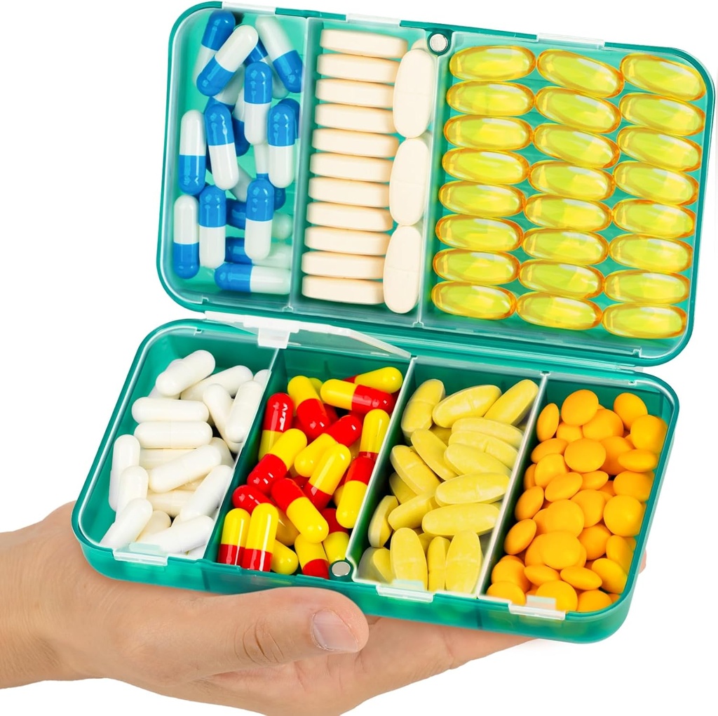 Jaklim Magnetic Travel Pill organizators, 7 iecirkņi Portable Pill Box, liels vitamīnu organizators ar etiķeti, Daily Pill Case Medicine organizators, liels papildinājums organizators Magnet Pill Container Green
