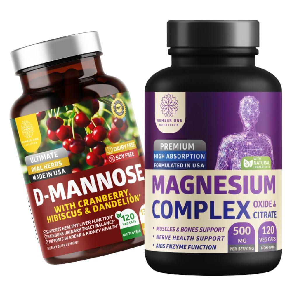 Number 1 Nutrition N1N Premium magnija komplekss [500mg] Augsta Absorbcija un D-mannoze [1350mg ar dzērveņu un Hibiscus], bez GMO un lipekļa, 2 iepakojumi