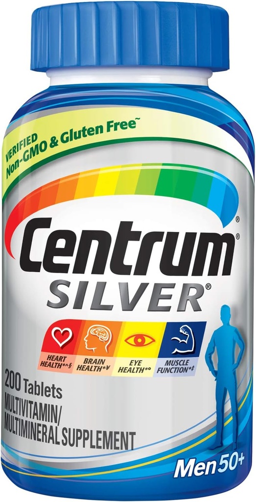 Sudraba multivitamīni vīriešiem 50 Plus, daudzminerālu papildinājums, D3 vitamīns, B-vitamīni un cinks, bez lipekļa, ne-ĢMO sastāvdaļas, atbalsta atmiņu un izziņas vecākiem pieaugušajiem - 200 Ct