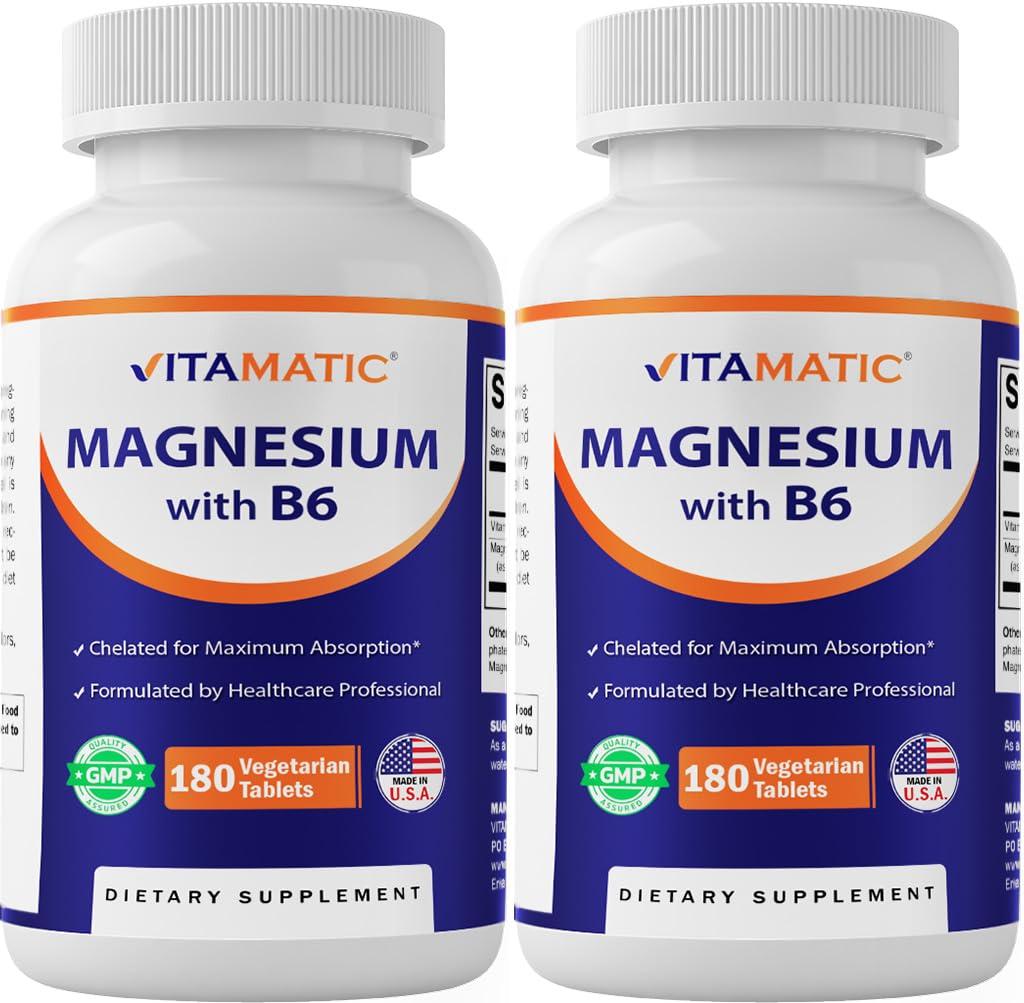 Vitamatiskais magnijs ar B6-180 Veģetārajām tabletēm (Neapvalkotas) - Pievienots B6 maksimālai absorbcijai - Atbalsta muskuļu, locītavu un sirds veselību - 2 Iepakojums