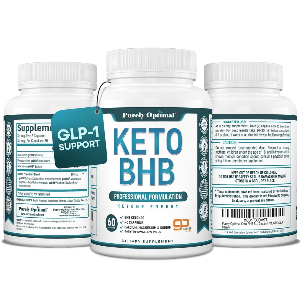 Tīri optimālas Keto BHB kapsulas – eksogēnas ketonu tabletes ketozes atbalstam, ilgstošai enerģijai, fokusam un metabolismam – sievietēm un vīriešiem, 60 kapsulas